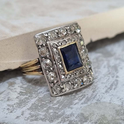 Vintage Sapphire and Diamond Cluster Plaque Ring