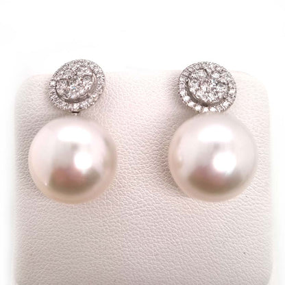 South Sea Pearl and Diamond Cluster Drop Earrings, 0.85 carats
