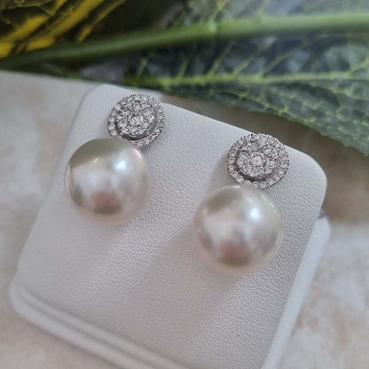 South Sea Pearl and Diamond Cluster Drop Earrings, 0.85 carats