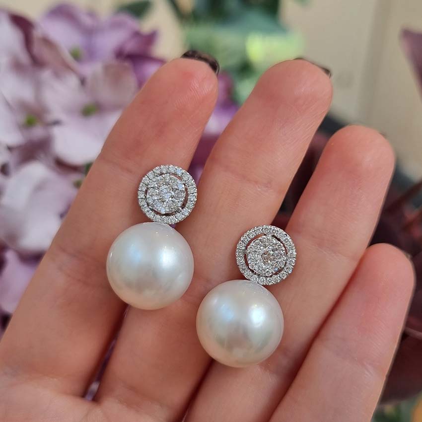 South Sea Pearl and Diamond Cluster Drop Earrings, 0.85 carats