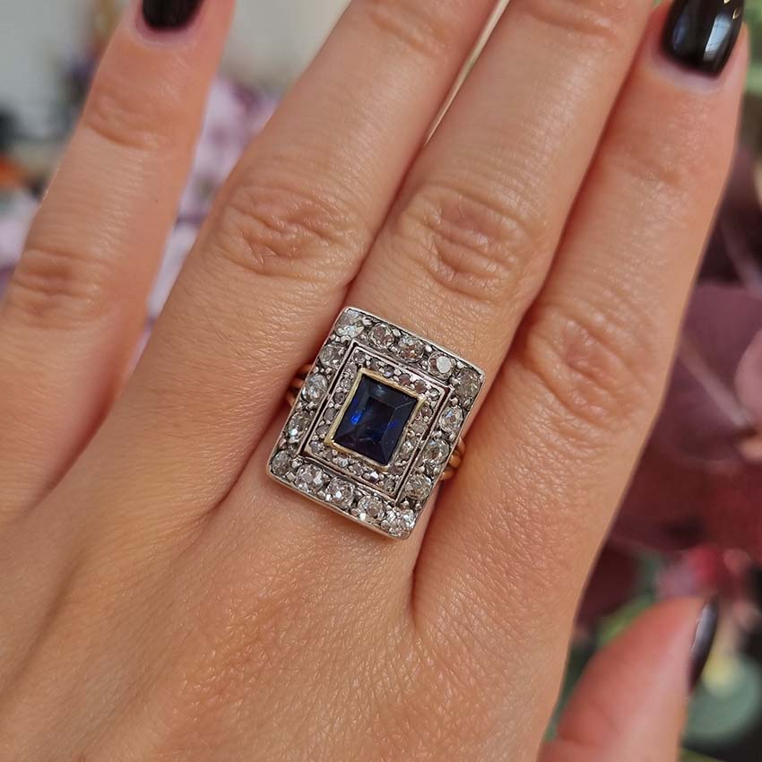 Vintage Sapphire and Diamond Cluster Plaque Ring