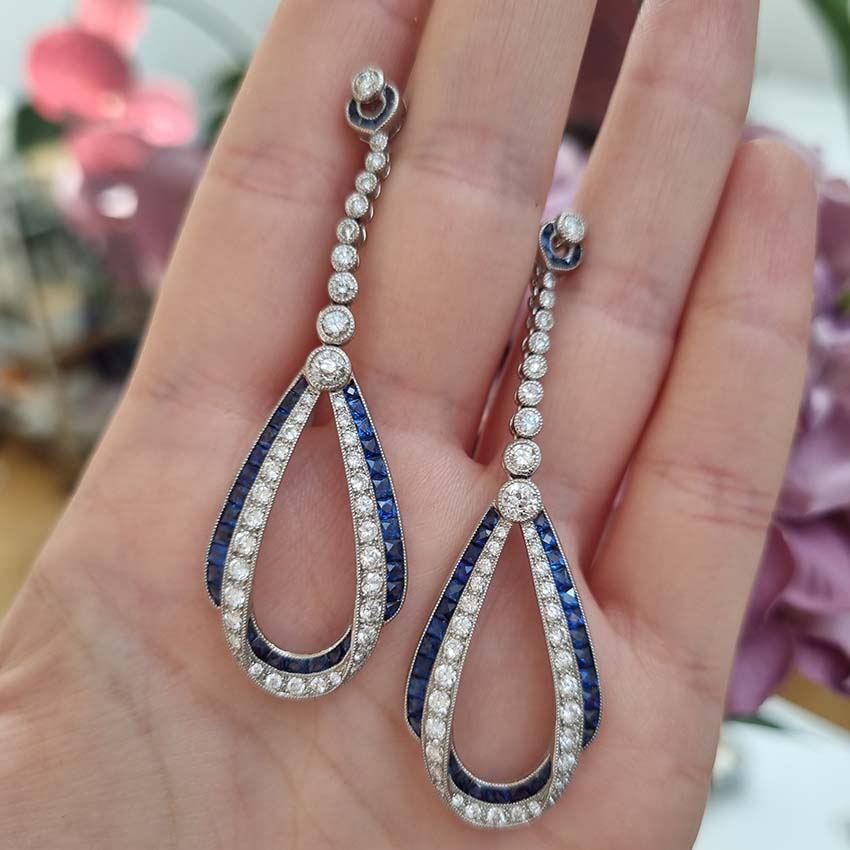 Contemporary Sapphire and Diamond Drop Earrings