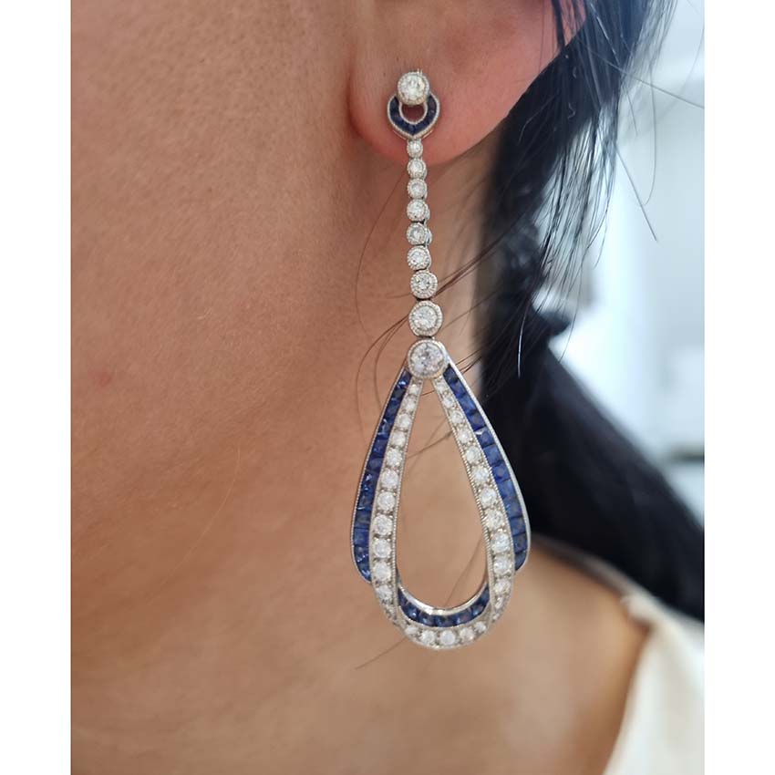 Contemporary Sapphire and Diamond Drop Earrings