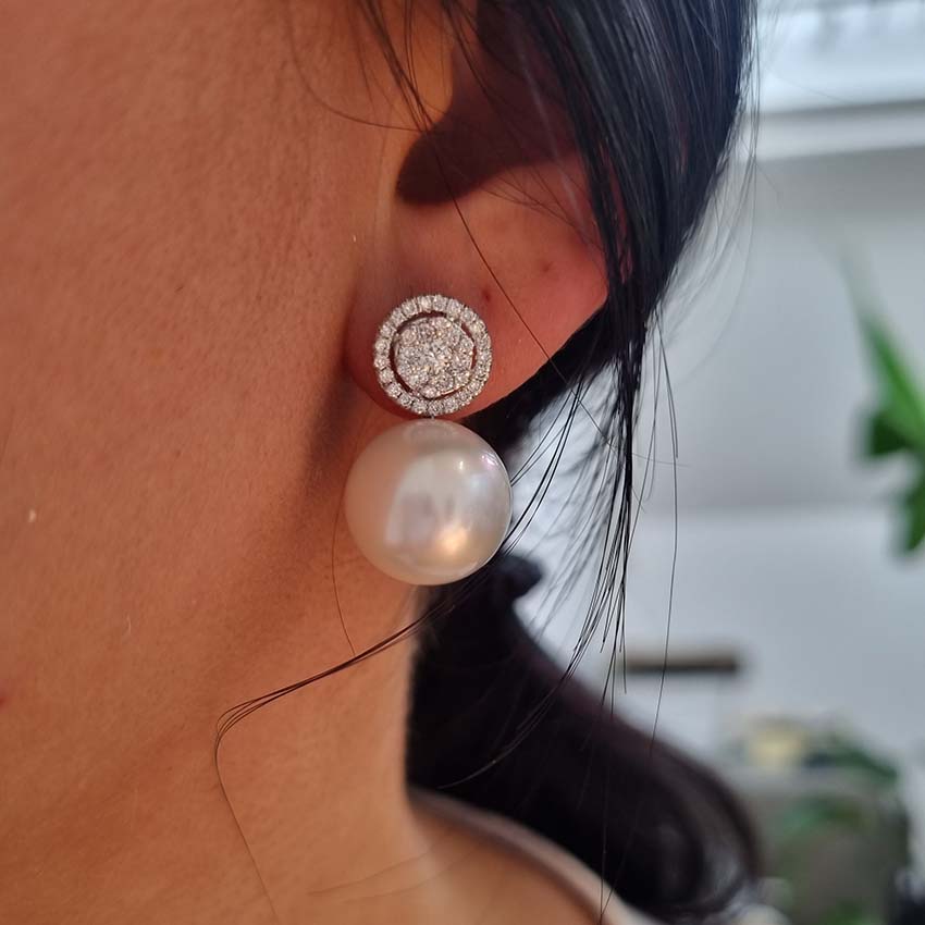 South Sea Pearl and Diamond Cluster Drop Earrings, 0.85 carats