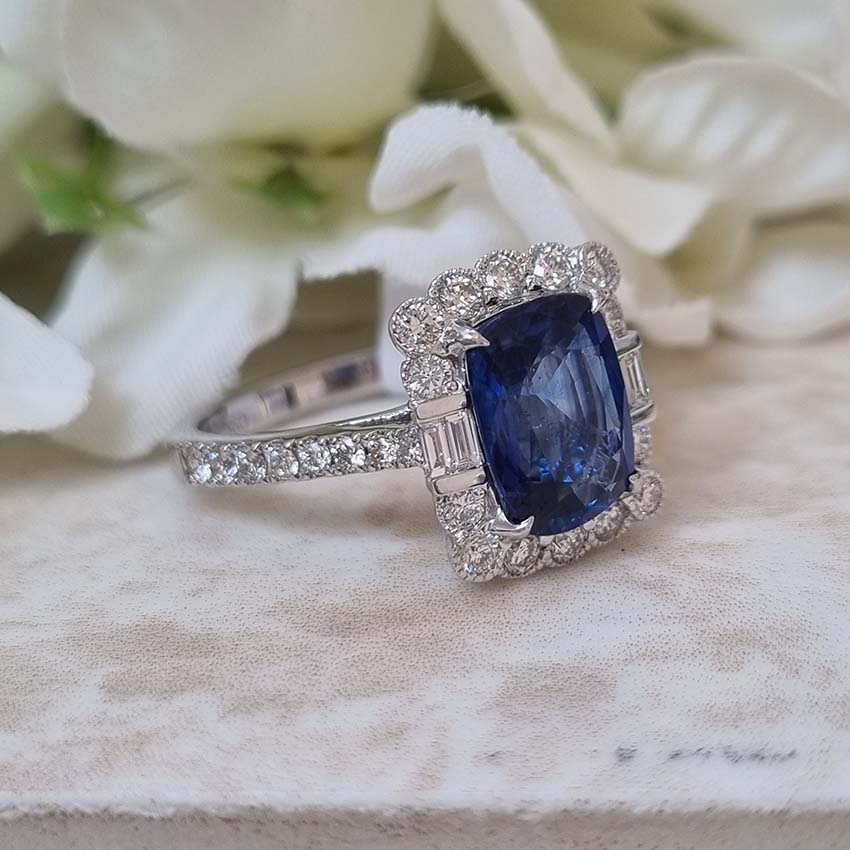 2.56ct Cushion Cut Sapphire and Diamond Cluster Ring