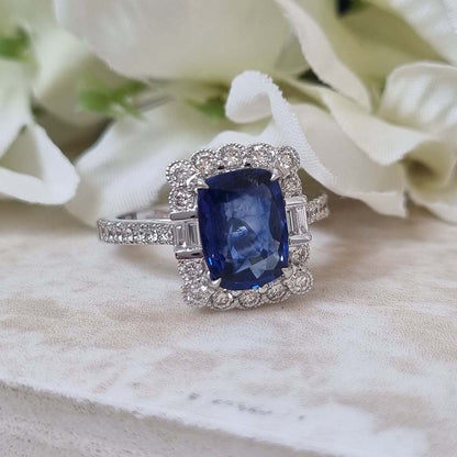 2.56ct Cushion Cut Sapphire and Diamond Cluster Ring