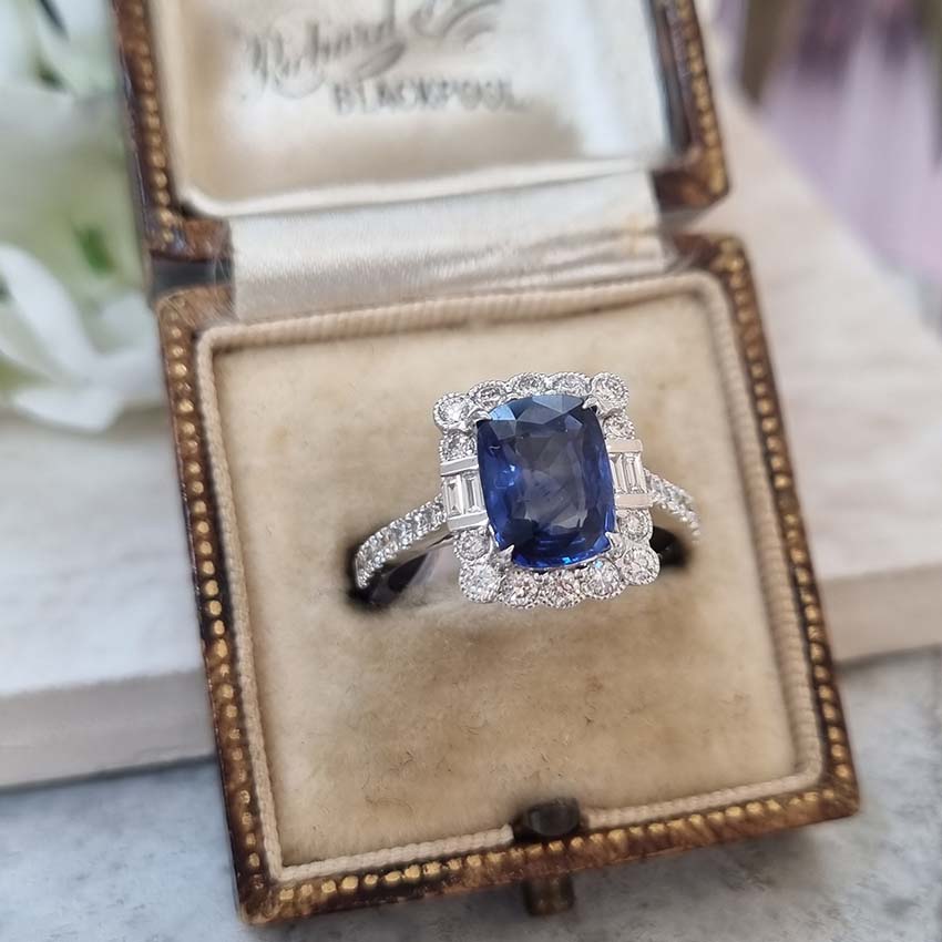 2.56ct Cushion Cut Sapphire and Diamond Cluster Ring