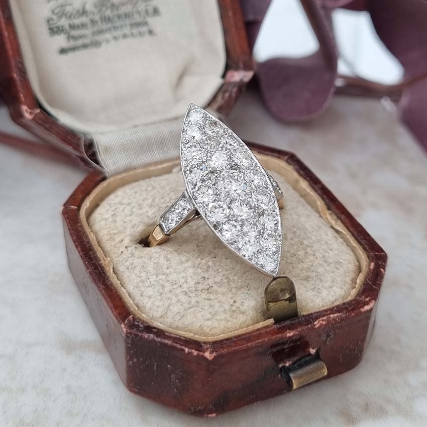 Edwardian Antique Old Cut Diamond Navette Cluster Plaque Ring