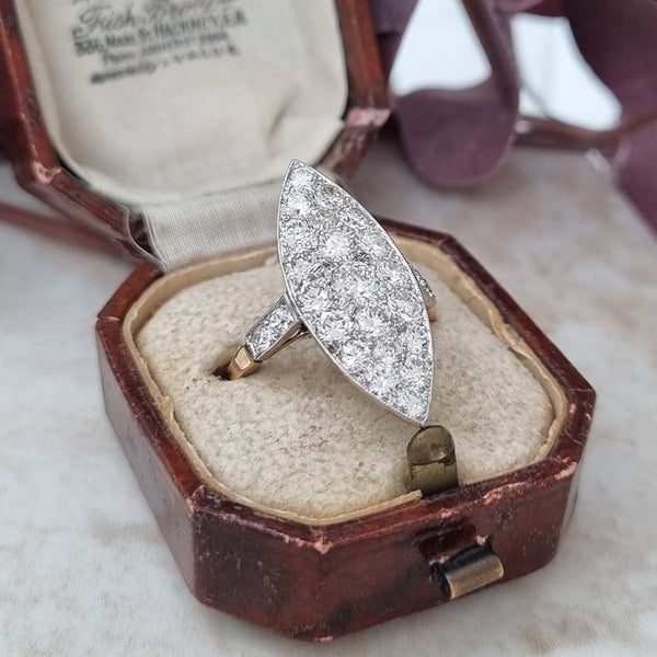 Edwardian Antique Old Cut Diamond Navette Cluster Plaque Ring