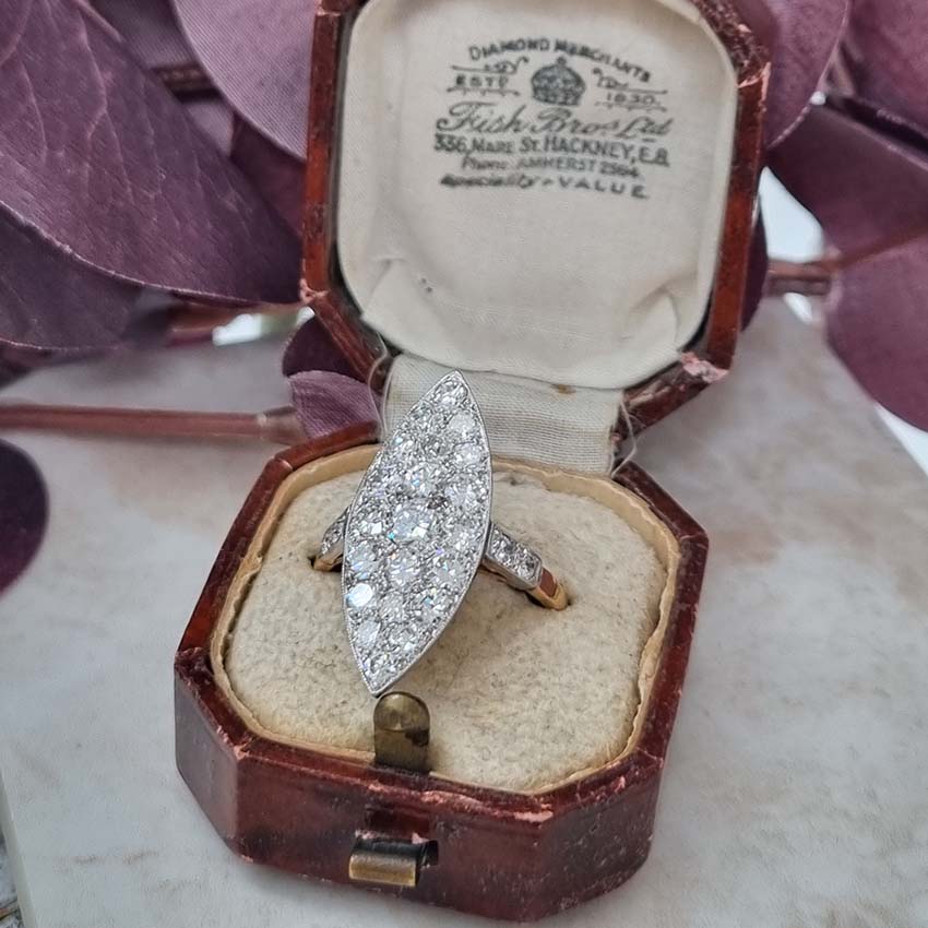 Edwardian Antique Old Cut Diamond Navette Cluster Plaque Ring