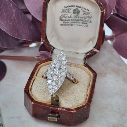 Edwardian Antique Old Cut Diamond Navette Cluster Plaque Ring