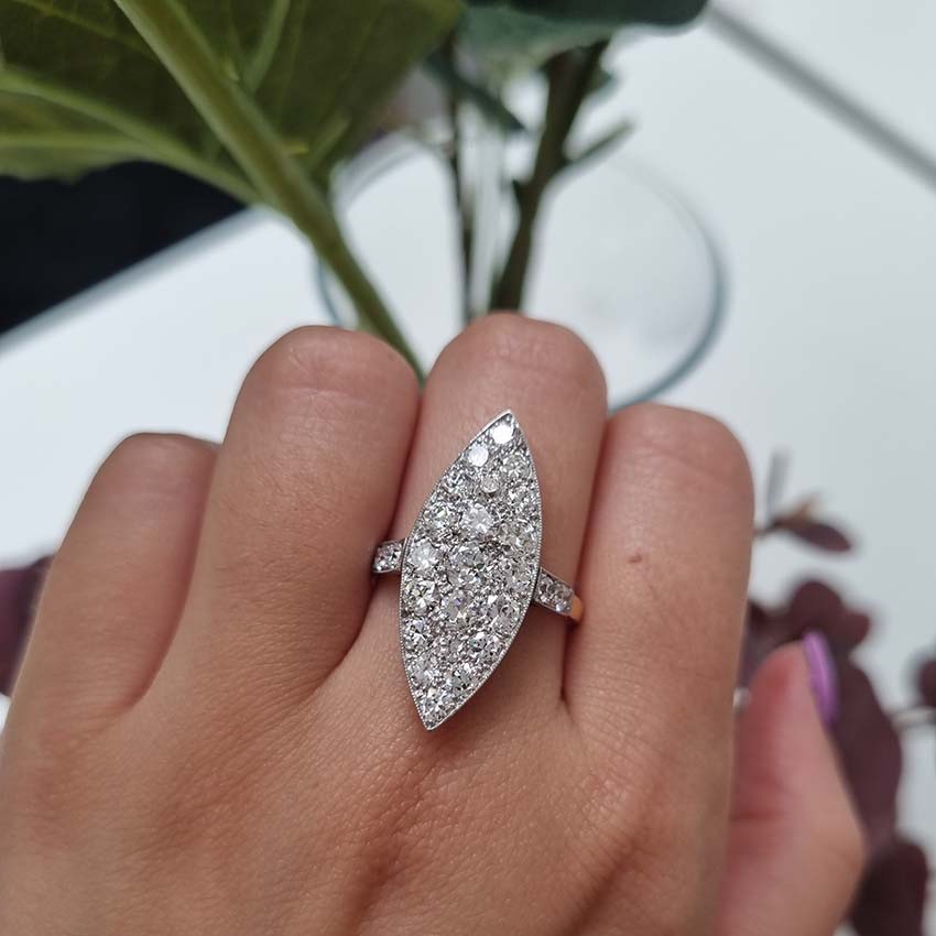 Edwardian Antique Old Cut Diamond Navette Cluster Plaque Ring