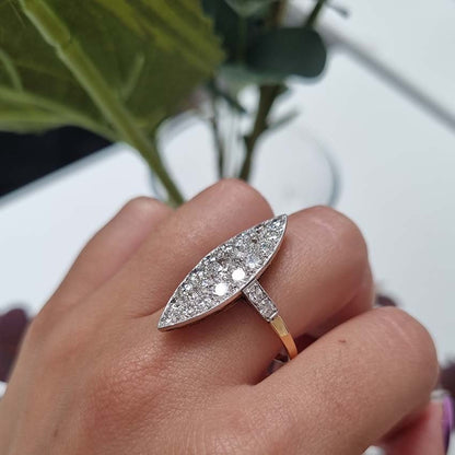 Edwardian Antique Old Cut Diamond Navette Cluster Plaque Ring