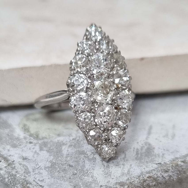 Antique Old Mine Cut Diamond Cluster Navette Ring