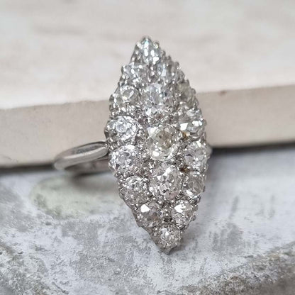 Antique Old Mine Cut Diamond Cluster Navette Ring