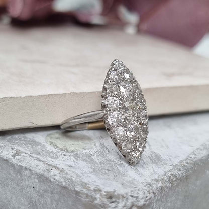 Antique Old Mine Cut Diamond Cluster Navette Ring