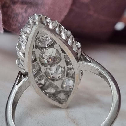 Antique Old Mine Cut Diamond Cluster Navette Ring