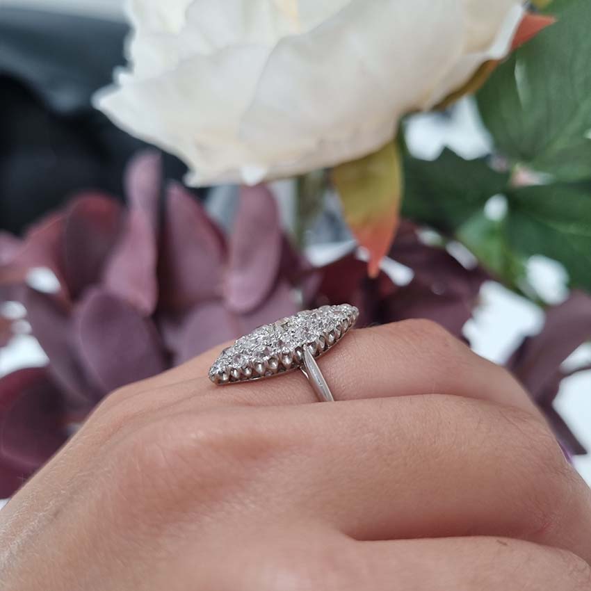 Antique Old Mine Cut Diamond Cluster Navette Ring