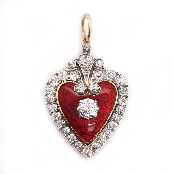 Victorian Antique Red Enamel and Diamond Heart Pendant