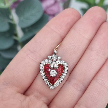 Victorian Antique Red Enamel and Diamond Heart Pendant