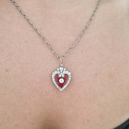 Victorian Antique Red Enamel and Diamond Heart Pendant