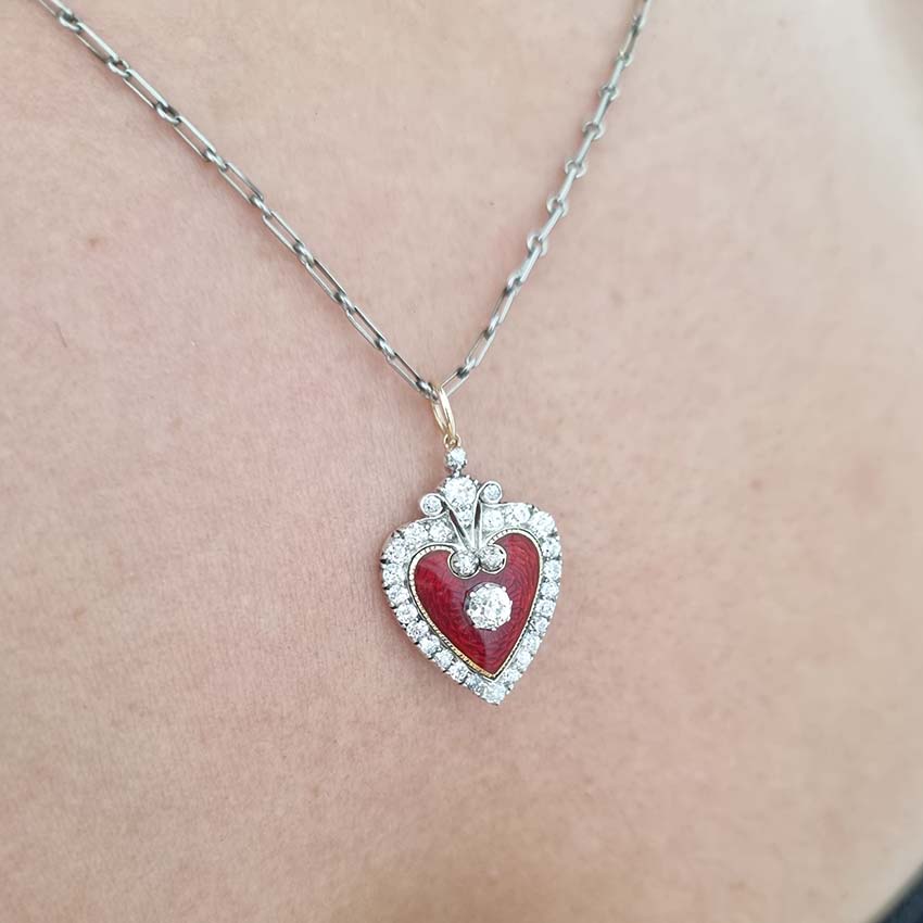 Victorian Antique Red Enamel and Diamond Heart Pendant