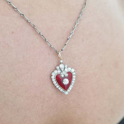 Victorian Antique Red Enamel and Diamond Heart Pendant