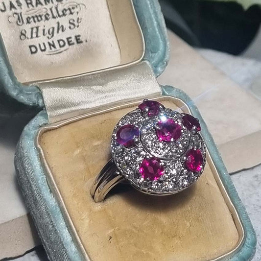 Vintage Ruby and Diamond Bombe Cluster Cocktail Ring