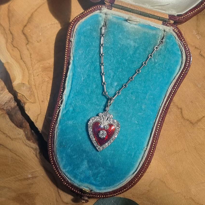 Victorian Antique Red Enamel and Diamond Heart Pendant