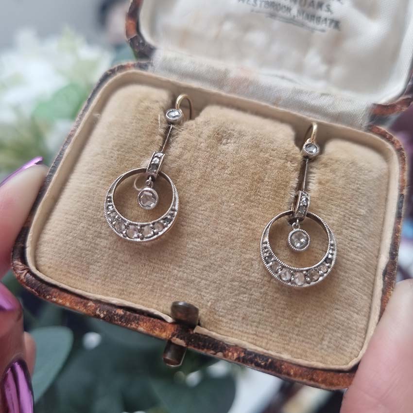 Edwardian Antique Rose Cut Diamond Drop Earrings