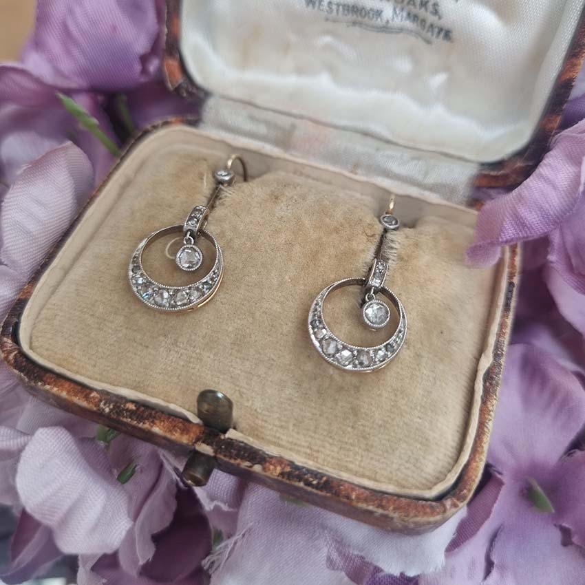 Edwardian Antique Rose Cut Diamond Drop Earrings
