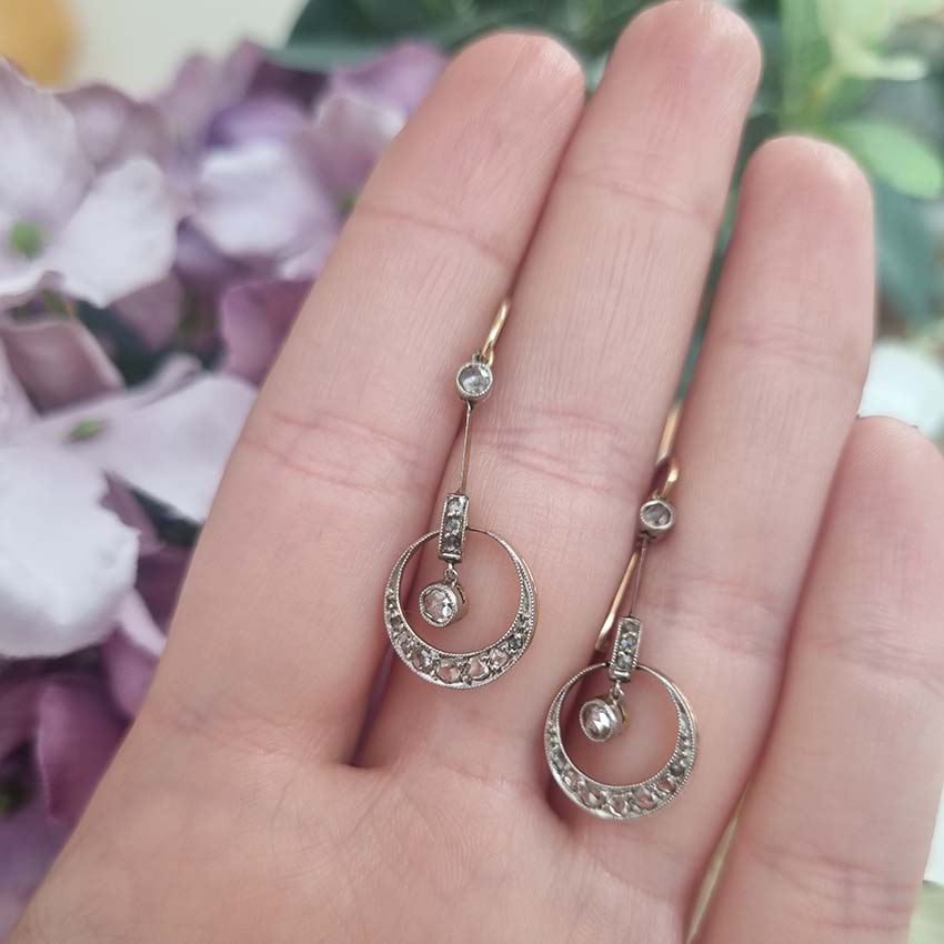 Edwardian Antique Rose Cut Diamond Drop Earrings