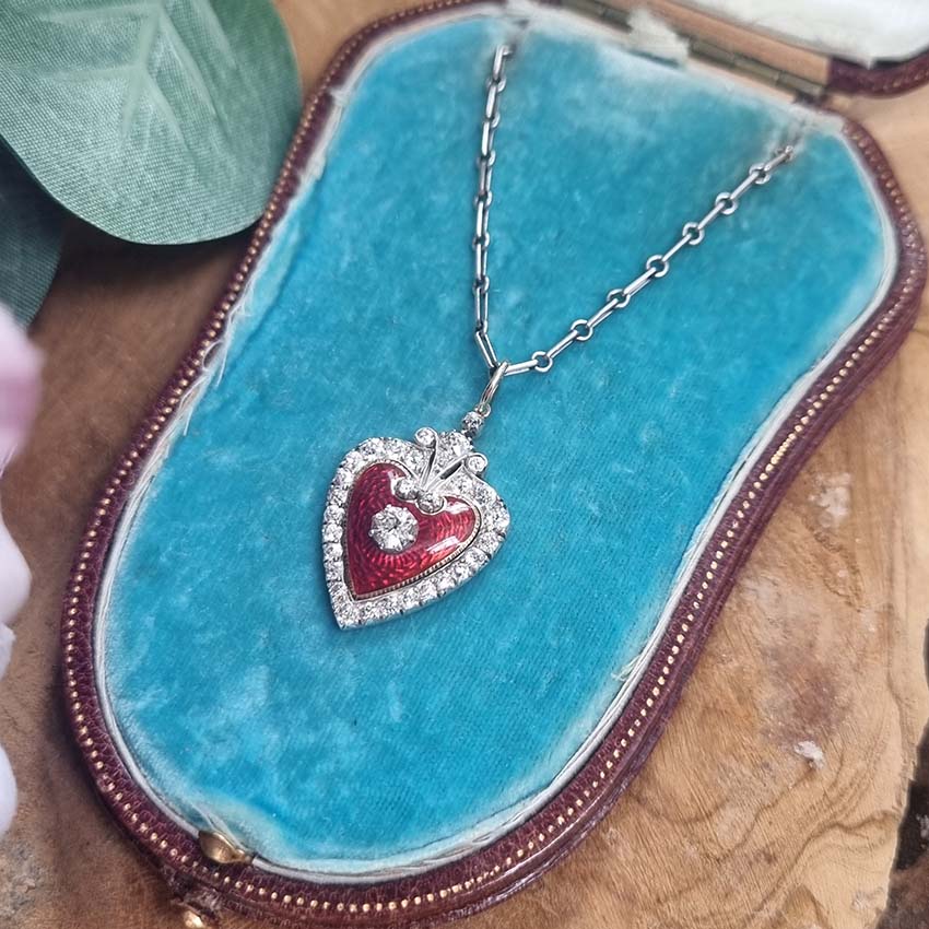 Victorian Antique Red Enamel and Diamond Heart Pendant