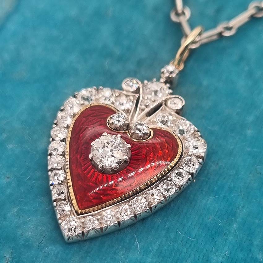 Victorian Antique Red Enamel and Diamond Heart Pendant