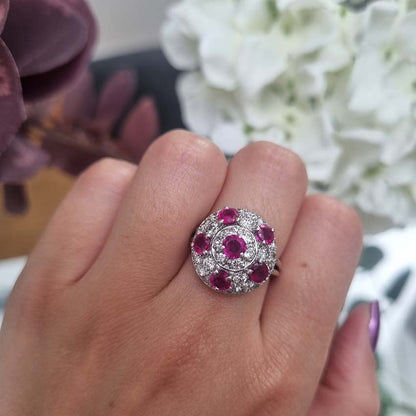 Vintage Ruby and Diamond Bombe Cluster Cocktail Ring
