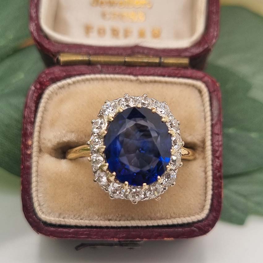 Antique Royal Blue Sapphire and Old Cut Diamond Cluster Engagement Ring