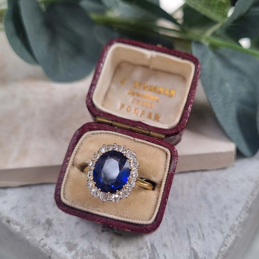 Antique Royal Blue Sapphire and Old Cut Diamond Cluster Engagement Ring