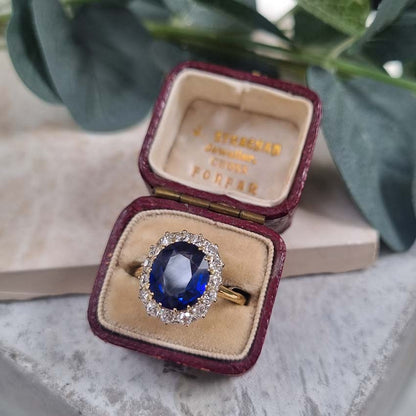 Antique Royal Blue Sapphire and Old Cut Diamond Cluster Engagement Ring