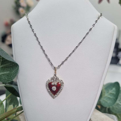 Victorian Antique Red Enamel and Diamond Heart Pendant
