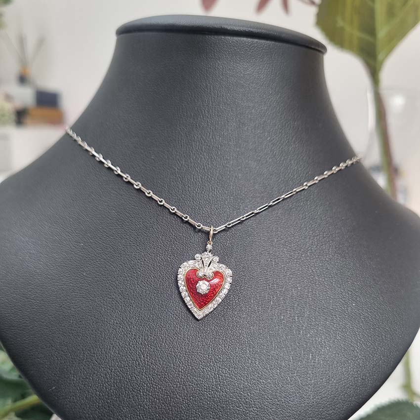 Victorian Antique Red Enamel and Diamond Heart Pendant