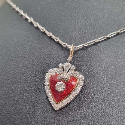 Victorian Antique Red Enamel and Diamond Heart Pendant