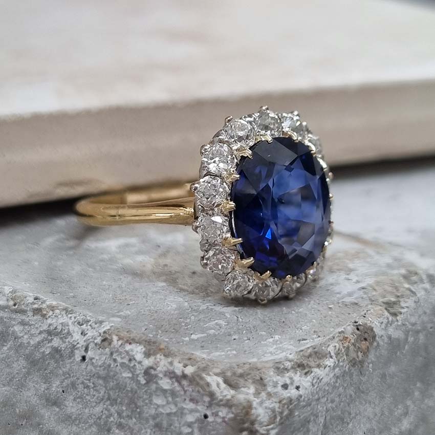 Antique Royal Blue Sapphire and Old Cut Diamond Cluster Engagement Ring
