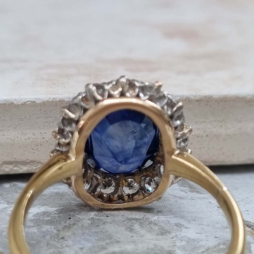 Antique Royal Blue Sapphire and Old Cut Diamond Cluster Engagement Ring