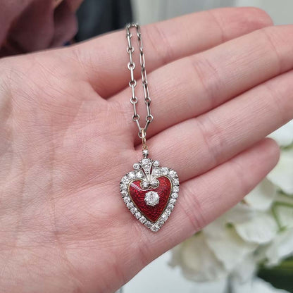 Victorian Antique Red Enamel and Diamond Heart Pendant