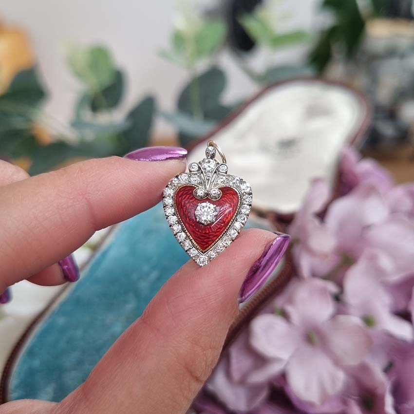 Victorian Antique Red Enamel and Diamond Heart Pendant