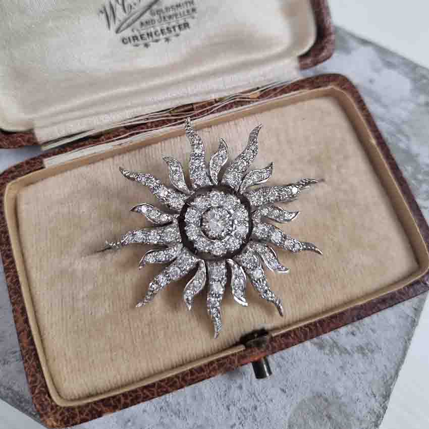 Edwardian Antique 3ct Diamond Sunburst Brooch