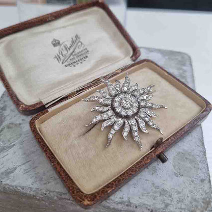 Edwardian Antique 3ct Diamond Sunburst Brooch