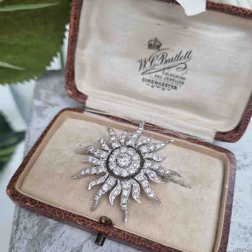 Edwardian Antique 3ct Diamond Sunburst Brooch