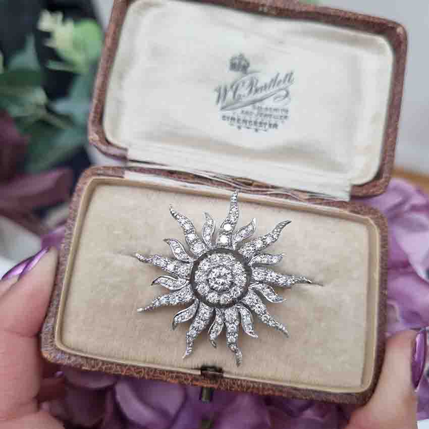 Edwardian Antique 3ct Diamond Sunburst Brooch