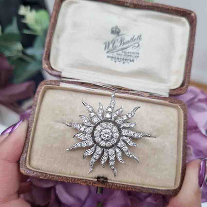 Edwardian Antique 3ct Diamond Sunburst Brooch